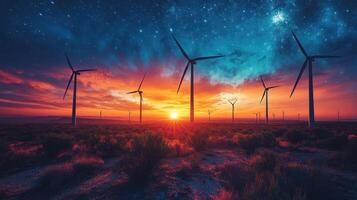 Sunset over wind turbines in a serene landscape highlighting renewable energy and natural beauty photo