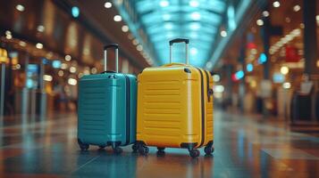 Vibrant luggage at a busy airport terminal waiting for travelers during peak travel hours photo