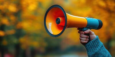 Person holding a megaphone in an autumn forest during a peaceful gathering photo