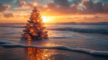 Beautiful Christmas tree decorated with lights at sunset on a beach with gentle waves and vibrant clouds photo