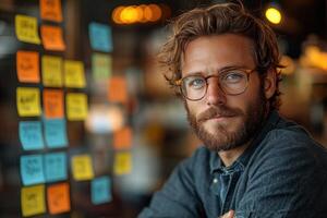 A man with glasses and a beard is looking at a wall with sticky notes photo