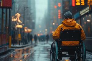 A person in a wheelchair on a rainy street photo