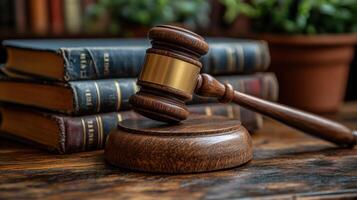 Classic wooden gavel rests on a circular sound block near stacks of legal books in a law office setting photo