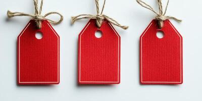 Red tags with strings on a white background, perfect for gift wrapping or crafting supplies photo