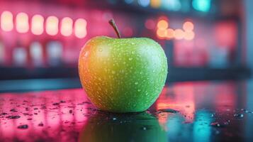 Green apple glistening with water droplets on a shiny surface in a colorful backdrop with soft glowing lights photo