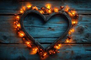 Heart shaped wooden frame with christmas lights on it photo