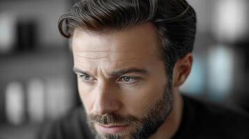 Man with well-groomed hair focuses intently while seated indoors in a modern setting photo