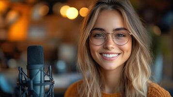 Young woman with glasses smiling at camera near microphone in a cozy, softly lit room promoting a friendly atmosphere photo