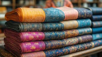 Colorful textiles displayed in a market stall, showcasing intricate patterns and rich fabrics during daylight hours photo