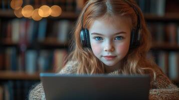 Young girl engaged in online learning while wearing headphones in a cozy library setting during daylight photo