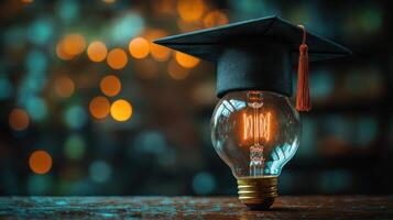 Creative graduation concept featuring light bulb with graduation cap on wooden table against blurred background photo