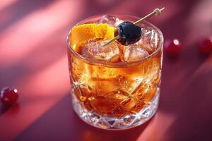 A glass of old fashioned whiskey with cherries and orange slices photo