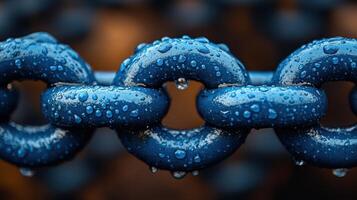 Close-up view of a blue chain with droplets of water enhancing texture on a rainy day photo