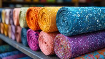 Colorful fabric rolls neatly arranged on display in a textile shop with vibrant patterns and textures photo