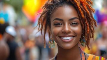 Bright smile from a young woman with vibrant hair at a lively celebration in a colorful outdoor setting photo