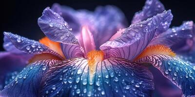 Vibrant close-up of a colorful flower with delicate water droplets captured in a dark setting during early morning hours photo