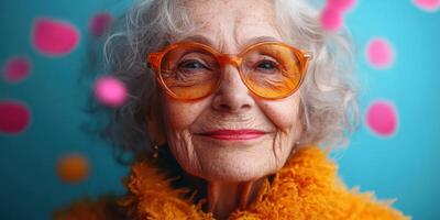 An older woman with glasses and a colorful scarf photo