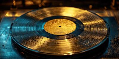 Golden vinyl record spinning on turntable in dimly lit music studio during evening session photo