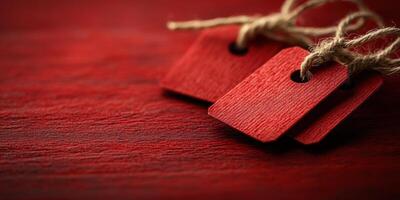 Twin red tags resting on a textured wooden surface with a rustic appearance photo