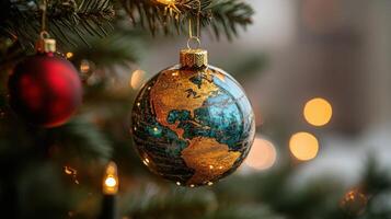 Colorful globe ornament hanging on a Christmas tree with warm lights in a cozy indoor setting photo