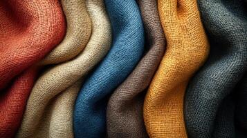 Fabric swatches in various colors arranged in a visually appealing manner on a textured background photo