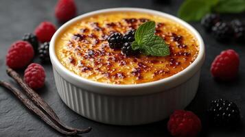 Delicious dessert featuring creamy vanilla custard topped with caramelized sugar and fresh berries photo