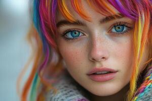 A close up of a woman with colorful hair photo