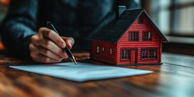 Signing documents for a new home purchase in a cozy, inviting setting with wooden table photo
