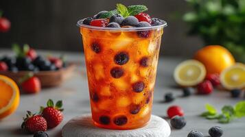 Refreshing summer drink with berries and citrus served in a clear cup on a vibrant table with fresh fruits photo