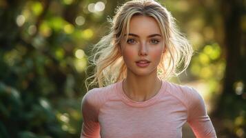 Young woman enjoying a morning jog through a lush green forest setting during sunny weather photo