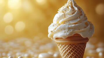 Delicious ice cream cone topped with creamy frosting and golden sprinkles on a bright sunny background photo