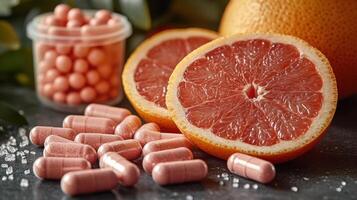 Grapefruit halves with pink capsules and candy on a dark surface in a beautifully arranged setting photo