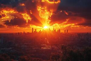A sunset over a city with clouds and sun photo