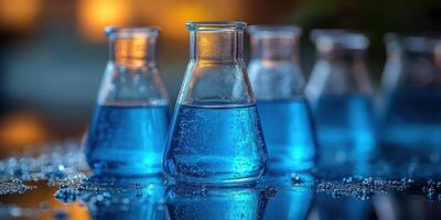 Blue liquid in glass bottles on a table photo