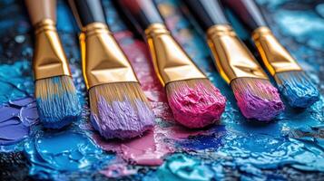 Artistic paintbrushes with vibrant colors on a textured palette during an afternoon creative session in a studio photo
