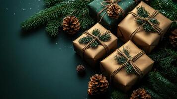 Gift boxes wrapped in kraft paper with pine branches and cones on a dark green background during the holiday season photo