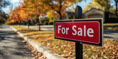 Homes available for purchase on a serene autumn afternoon in a suburban neighborhood with colorful foliage photo