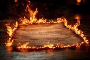 A burning document is shown on a table photo