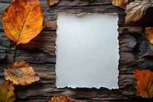 Autumn leaves and paper on a wooden background photo