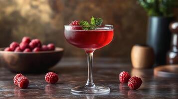 Refreshing raspberry cocktail sits elegantly in a glass with fresh mint leaves and surrounding raspberries on a rustic table photo