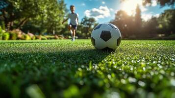 Young player practices soccer skills on a sunny day in a lush green park with a ball nearby photo