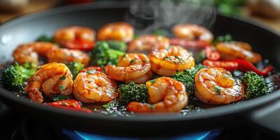 Delicious shrimp stir-fry with broccoli and spices cooked on a stovetop at home photo
