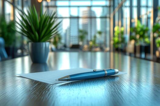 A pen and notepad on a wooden table with a window in the background 3d rendering photo