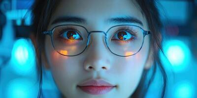 A woman with glasses and glowing eyes photo