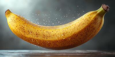 Fresh banana surrounded by water droplets in a still setting with a soft background lighting photo