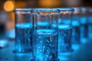 A row of test tubes with blue liquid photo