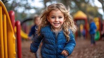 Child enjoys playful moments at the park during a sunny afternoon, exploring the playground with joy and laughter photo