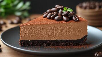 Delicious chocolate mousse cake with coffee beans on top served in a cozy cafe photo