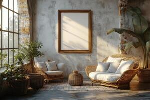An empty frame sits in a room with wicker chairs photo