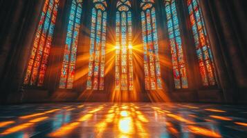 Stunning sunlight beams through vibrant stained glass windows in historic cathedral interior during afternoon hours photo